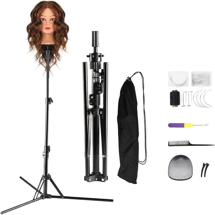 Trepied Support Perruque de Tete a Coiffer Professionnel Réglable Pliable avec Set pour la Formation en Perruque et en Coiffure