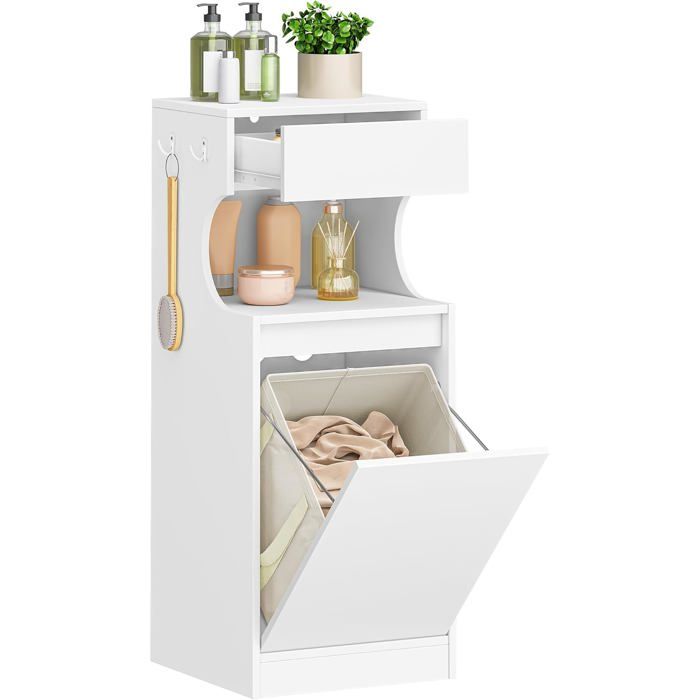 Meuble Salle de Bain avec Panier à Linge Armoire avec Tiroir et Étagères Ouvertes Ventilation et sécurité Anti-basculement Blanc