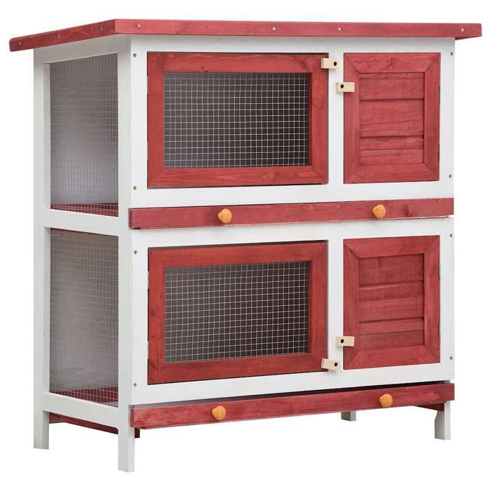 Clapier dextérieur en bois - JILL - 4 portes - Rouge et blanc - 90x45x90 cm - Toit étanche vert - Treillis métallique
