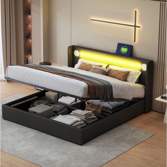 Lit coffre MODENUIT 160x200cm avec Multifonction LED Bluetooth USB rangement hydraulique cuir PU Noir sans matelas