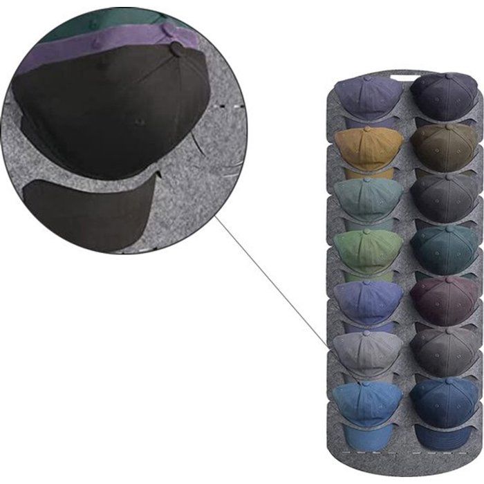 Porte-casquettes - Organisateur de porte - Gris - 14 casquettes - Rangement pour casquettes et chapeaux - Feutre - Support à