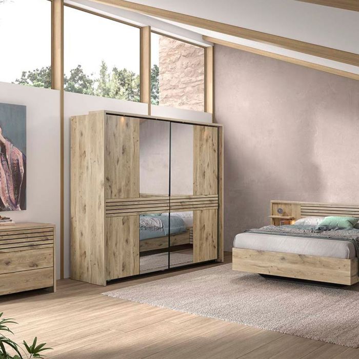 Chambre complète lit 140x200cm + tête de lit avec chevet et leds + commode + armoire aspect bois et noir - NIKITA Chambre complète lit 140x200cm + tête de lit avec chevet et leds + commode + armoire aspect bois et noir - NIKITA