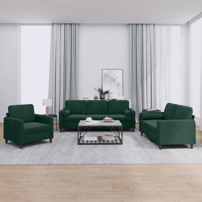 Ensemble de canapés velours - vidaXL - 3 pièces - Vert foncé - Velours - Fauteuil - Canapé 2 places - Canapé 3 places