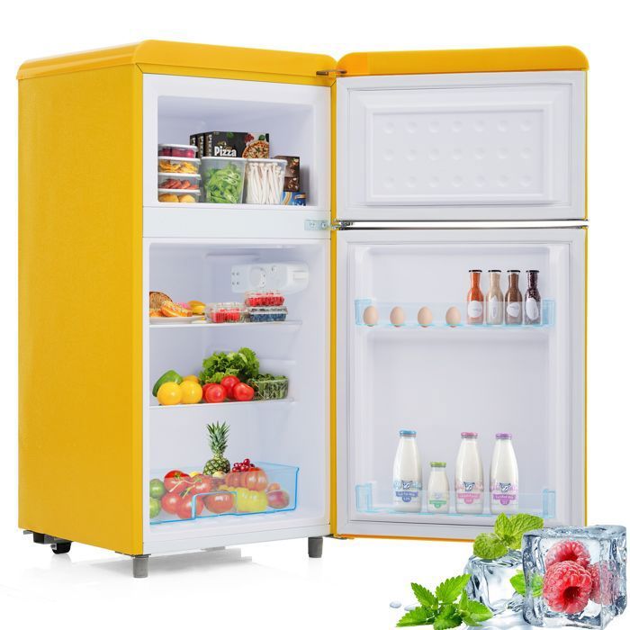 Réfrigérateur combiné - 72L - LED - classe E - tapis antidérapants - réfrigérant R600A pour protéger lozonosphère - jaune