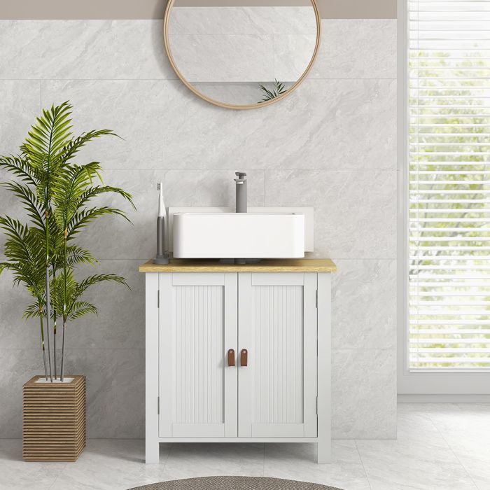 MOTHINESSTO1770-Meuble sous lavabo 2 portes étagère réglable 2 étages à lintérieure poignées en PU 60 x 30 x 60 cm blanc