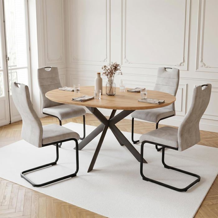 JIEXI Table de salle à manger ronde extensible et 4 couleur crème chaises plateau en MDF avec pieds araignée 110-150 cm