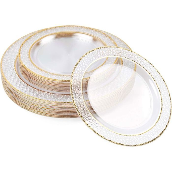 40 Assiettes en Plastique Rigide Premium avec Bord Doré (2 Tailles) - Assiettes Dorées Réutilisables en Plastique Dur