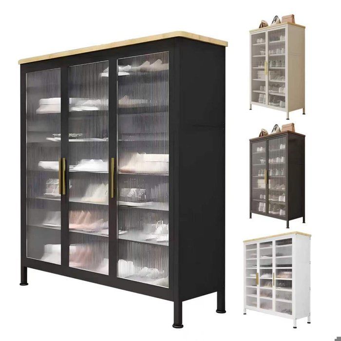 Armoire rangement à chaussures - SEVEN COMFORT - Armoire vitrée fermée (7 niveaux) - Noir - 25 paires - Portes verre ondulé