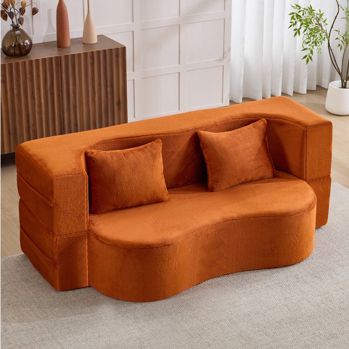 WUVRIE Canapé-lit convertible 2 places orange mousse haute densité tissu peluche courte sans montage