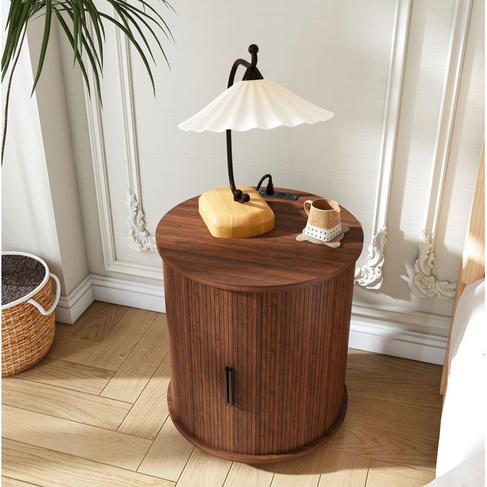 Table De Chevet Ronde Noyer Meuble Mid-Century FloraGrace Pour Chambre Prise AC Et 2 USB 60x60x60cm