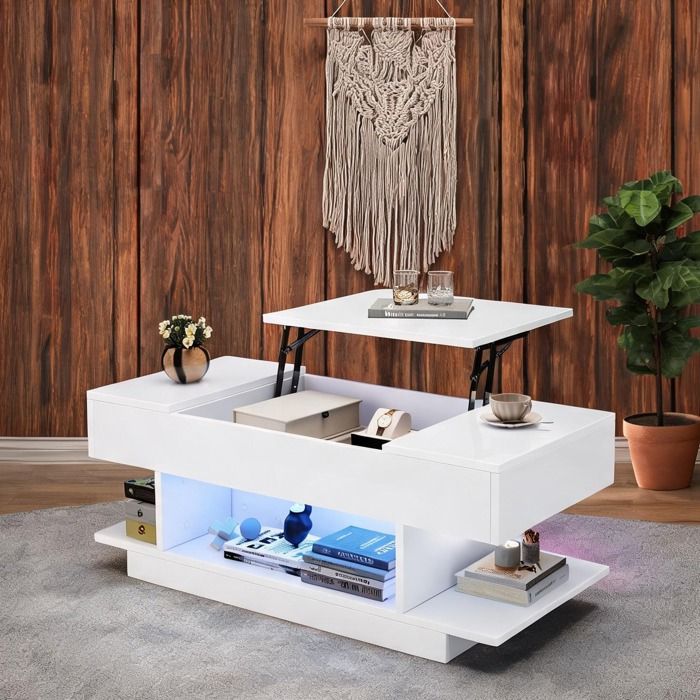 Table basse relevable rectangulaire 98x45cm blanc brillant LED connectée et rangements intégrés