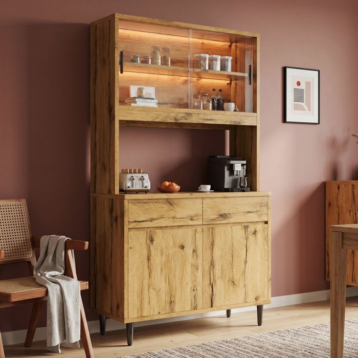 Buffet haut 2 portes 2 tiroirs niches ouvertes et LED - MODENVIE - style scandinave salon 100×40×185 cm