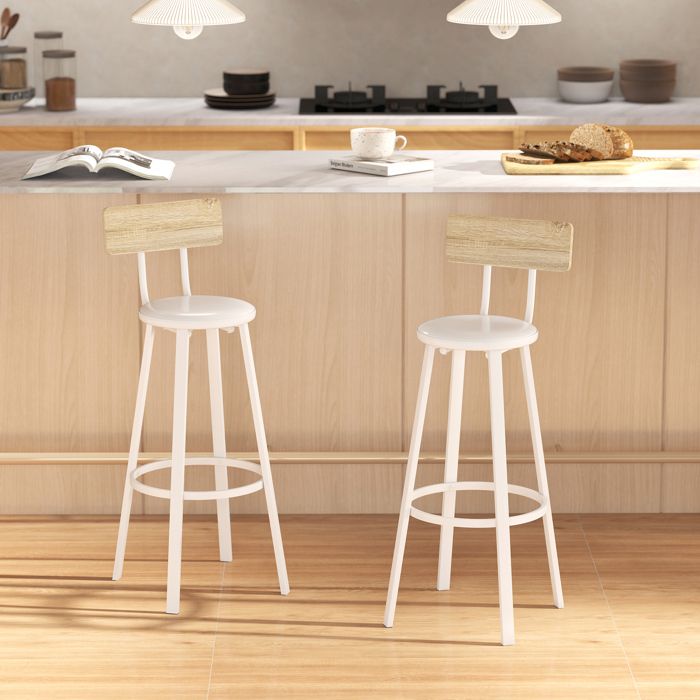 Lot de 2 tabourets de bar chaises de bar assise rembourrée 75 5H cm dossier et repose-pieds bois naturel et blanc Lot de 2 tabourets de bar chaises de bar assise rembourrée 75 5H cm dossier et repose-pieds bois naturel et blanc