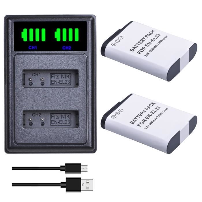 2 jeux de piles-Batterie Enel23 En El23, Avec Port De Type C, Pour Appareil Photo Nikon Coolpix P900, P610, P