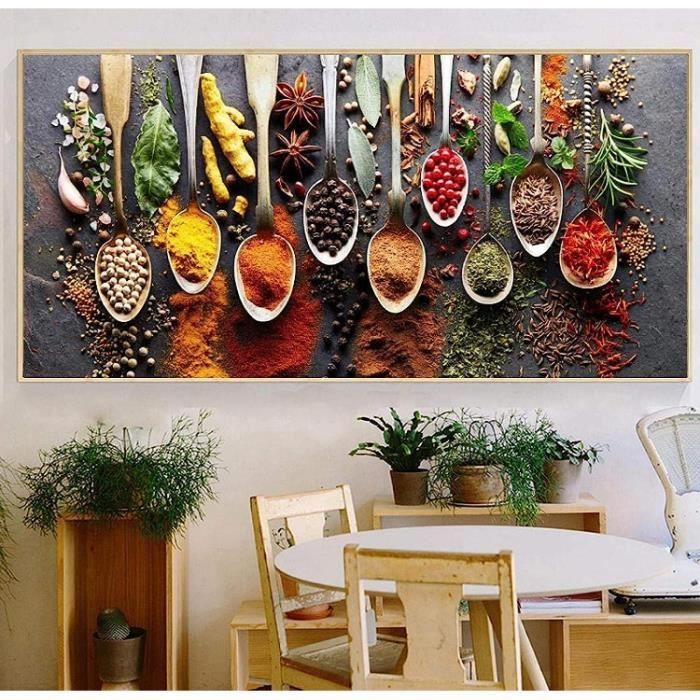 Photo Mur Cuisine Motif Mur Art Décor Épices Colorées Et Cuillères dans La Table Toile Art De Cuisine Toile Art sans Cadre 60x120cm