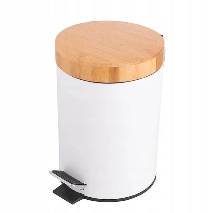 Poubelle De Salle De Bain 5L Avec Couvercle Bambou Et Pédale - Acier Blanc, Seau Amovible, Design Élégant