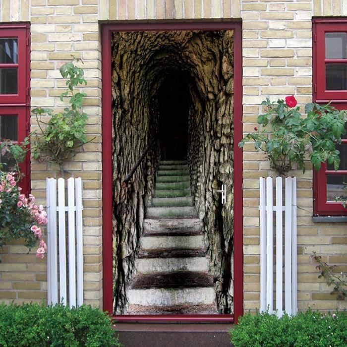 Autocollant De Porte Grotte et escalier Étiquette Décoration Auto-Adhésive Papier Peint Imperméable pour La Porte L90 x H200cm