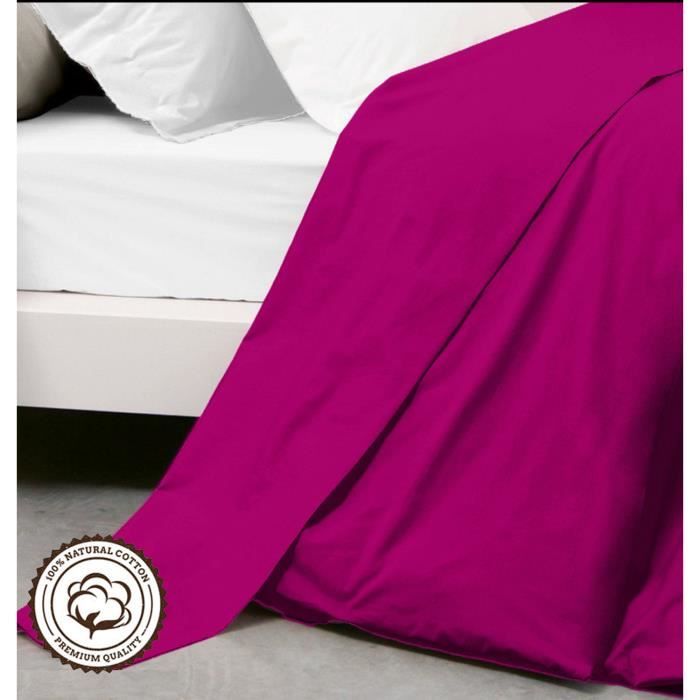  Drap Plat - Framboise - 240x300 cm - 100% Coton - Lavable en machine - 2 Personnes 