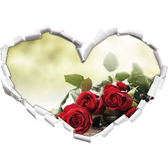 Bouquet de roses sur la forme de coeur de la table en bois dans le regard  3D, mur ou un autocollant de porte Format: 92x64.5cm, Stic - Cdiscount  Maison