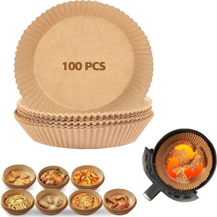 100 Feuilles Papier Cuisson Air Fryer 20-23 Cm + Support Inox – Jetable, Antiadhésif, Micro-ondes & Friteuse Sans Huile