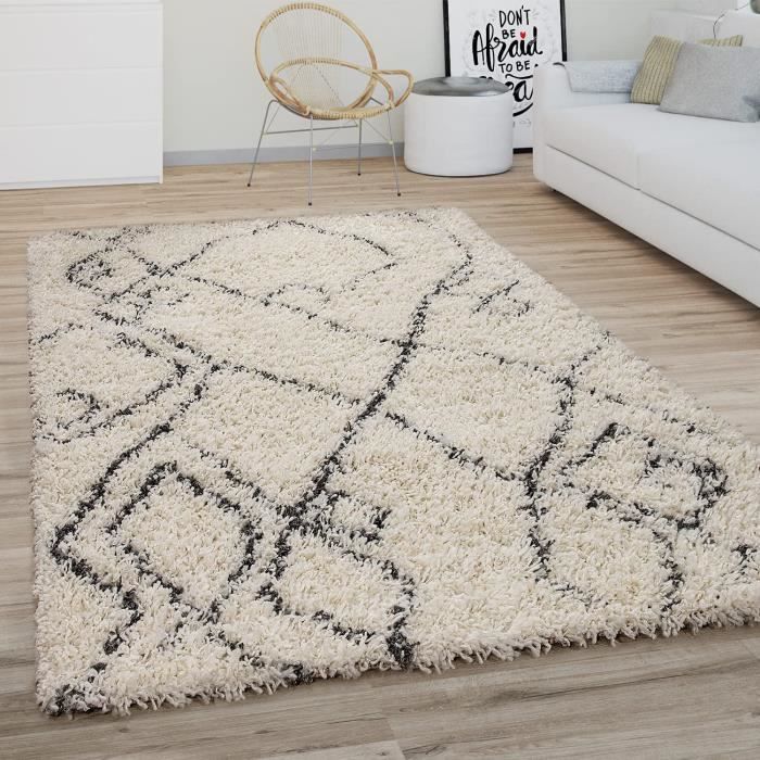 Tapis Salon Poil Long Shaggy 160x220 Cm - Motif Scandinave Boho Arc-en-Ciel - Lavable Beige Crème