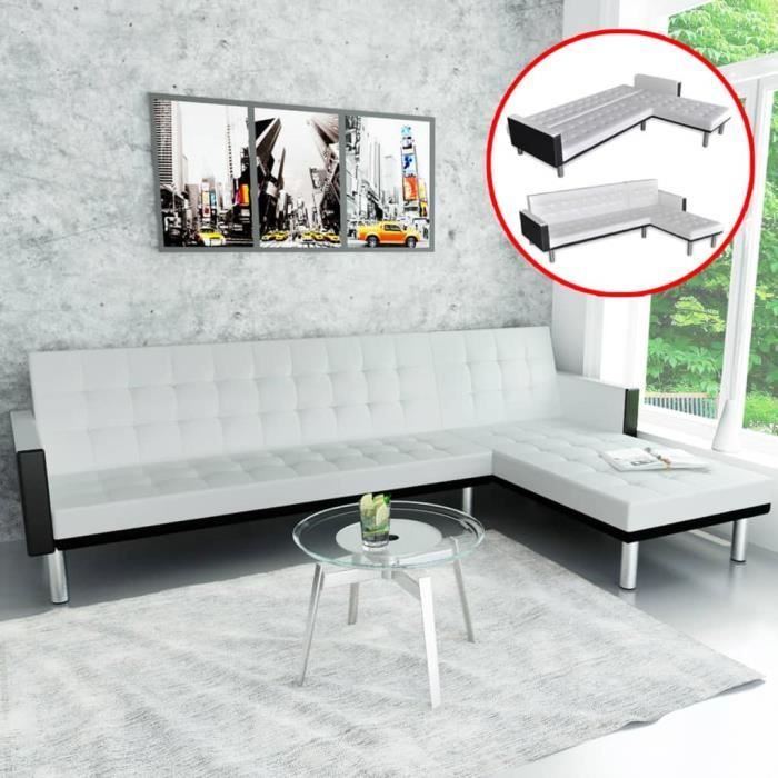 Canapé-lit dangle en simili cuir blanc - Convertible - Dimensions 218 x 155 x 69 cm - Avec rangement
