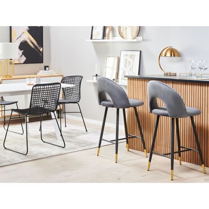 Lot de 2 chaises de bar en velours gris FALTON - BELIANI - Rétro - Tissu - Gris - Lot de 2 - Intérieur