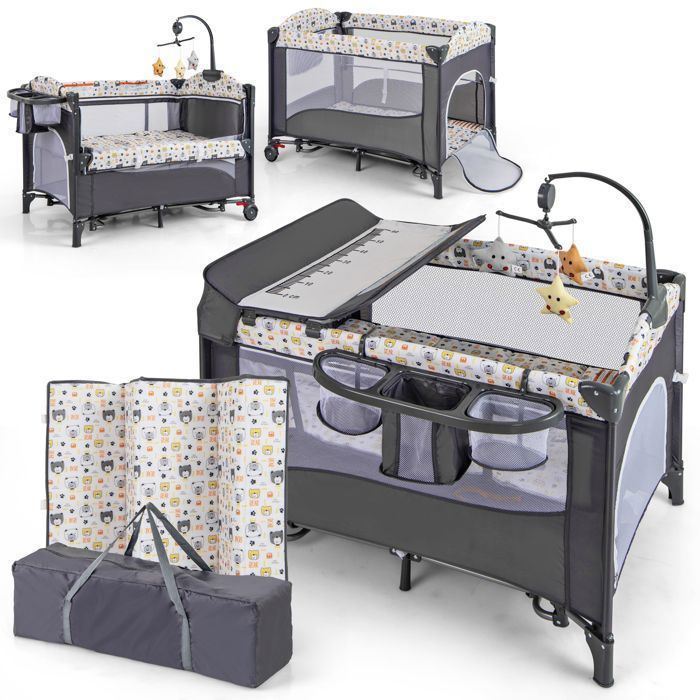 COSTWAY Lit Parapluie Bébé Evolutif avec Matelas 5 en 1 Table à Langer,4 Hauteurs Réglables