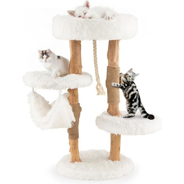 COSTWAY Arbre à Chat en Bois 87 CM avec Hamac Plusieurs Plateformes Tour à Chat avec Coussin Moelleux Corde en Sisal Suspendue