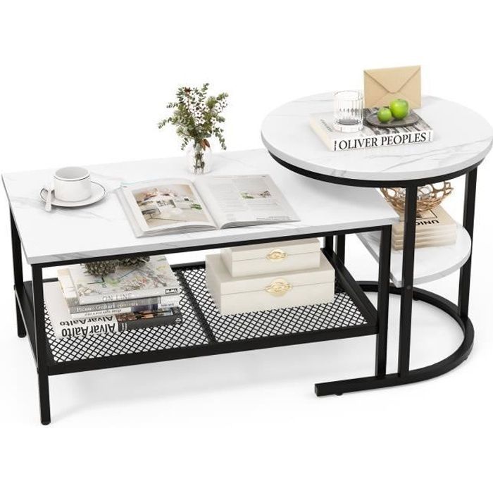 COSTWAY Lot de 2 Tables Basses Gigognes Scandinaves - Table dAppoint Imprimée Marbre - Cadre en Métal Noir Repose-pieds Réglables