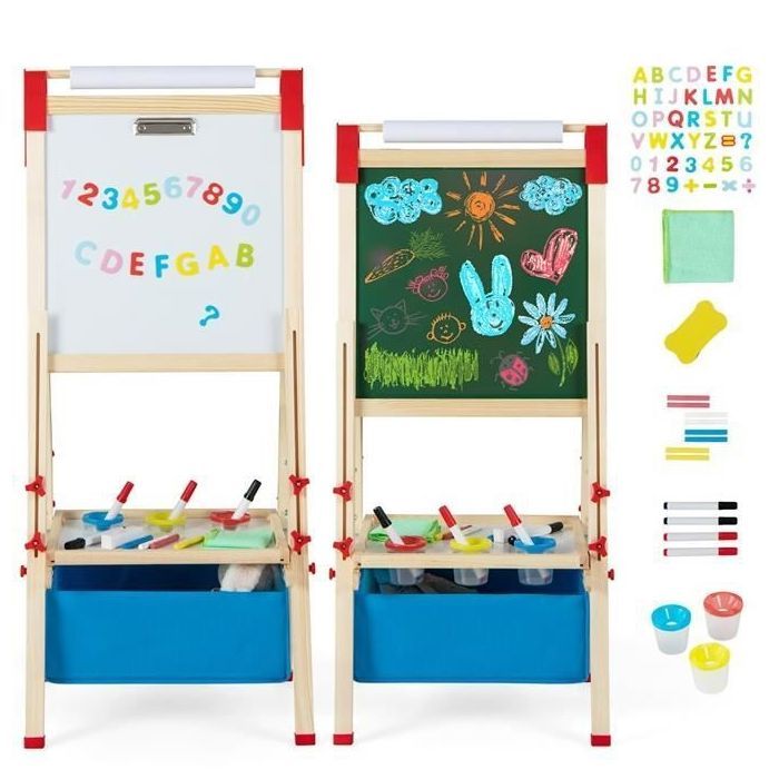 Kit Création Enfant Avec 99 Accessoires Peinture Chevalet 3-en-1 Réglable Double Face Avec Tableau Noir Et Tableau Blanc Rouleau De Papier 4 Pots De Peinture Pour 3-6 Ans Naturel Tableau Double Face