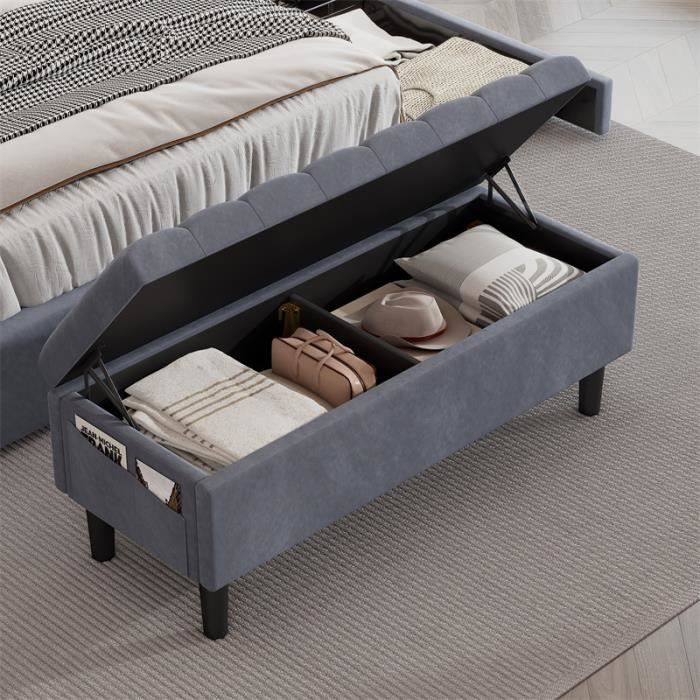 banc rembourré, banc de lit, banc de piano,avec espace de rangement, avec poche latérale, velours, pin + mdf, gris