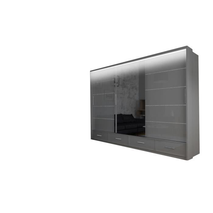 Original-Garderobe - Armoire avec tiroirs Cylia LED 253 - Gris + miroir - armoire à glace avec portes coulissantes