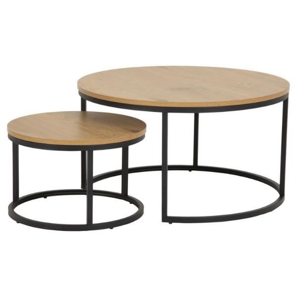 ensemble de 2 tables basses spiro en finition naturelle avec une base en métal thermolaqué noir mat.