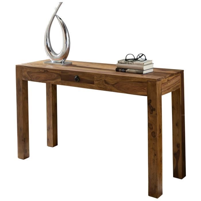 table console en bois massif - finebuy - 120x70x40cm - avec tiroir - marron foncé