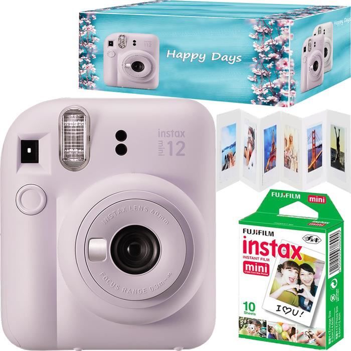 Fujifilm Instax Mini 12, Ensemble appareil photo , couleur violet lilas, avec 10 films, un cadre accordéon et une boîte Happy Days