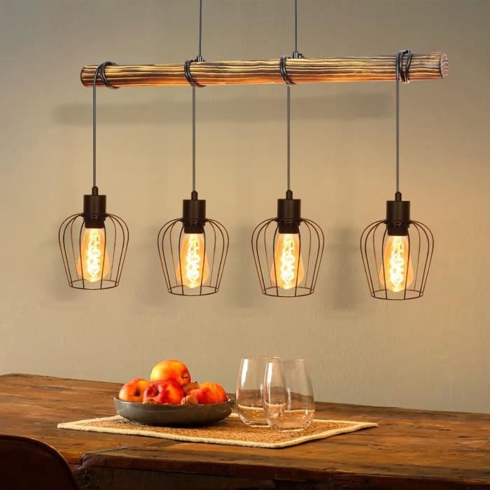 Homefire 4xE27 Lampe suspendue rétro - Noir - Bois - 80*13*197.5 cm