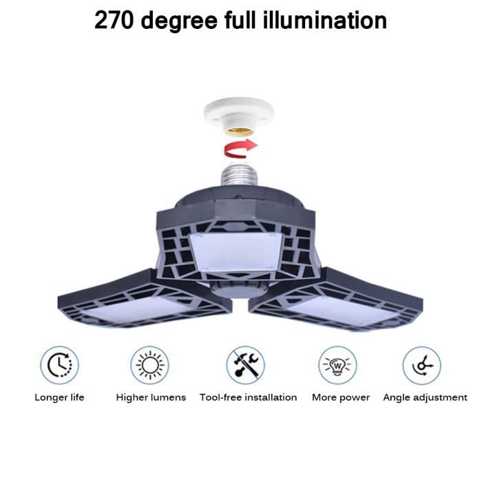 Lampe Garage LED 60W - 4 Panneaux Réglables - 6500K 4800lm - E27 - Pour Atelier, Cave, Salle De Sport - Installation Facile
