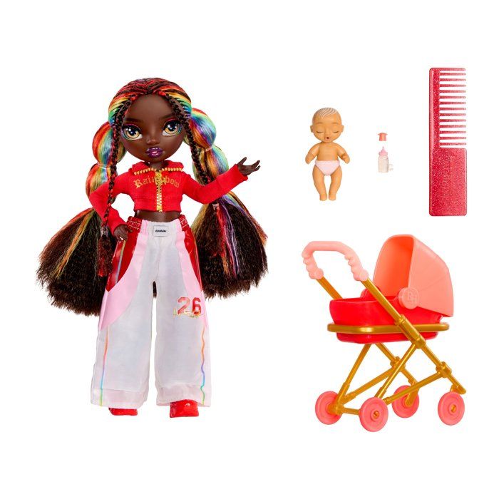 Junior High Babysitters – Iris Bow - Poupée 23 cm - Bébé Poussette Couffin Biberon Peigne Tenue et Accessoires