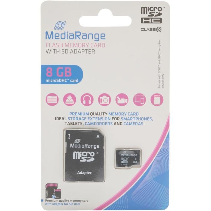 Carte mémoire - MEDIARANGE - MR957 - 8 Go - MicroSDHC - Classe 10 - Noir