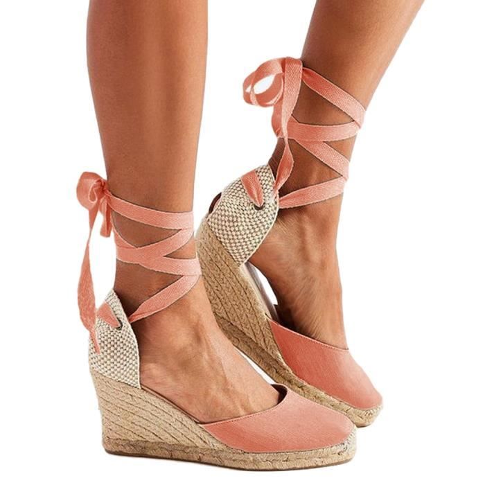 Sandales Espadrilles Femme MINETOM Talon Compense 6.5cm Lacets Confortable Rose Rose Cdiscount