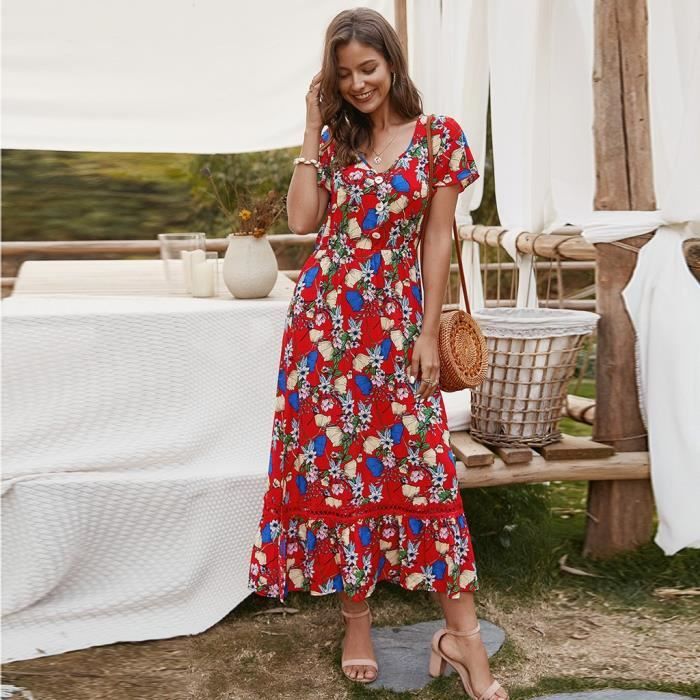 Robe Longue Femmes col en V  manches courtes imprim longueur genou ...