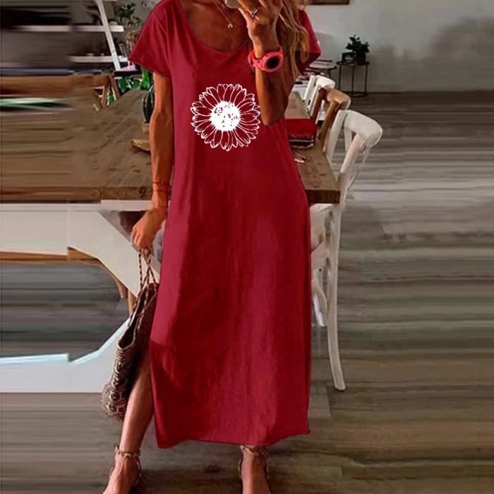 Pull de plage pour femmes Boho Sundress Robe longue ample a manches courtes rouge