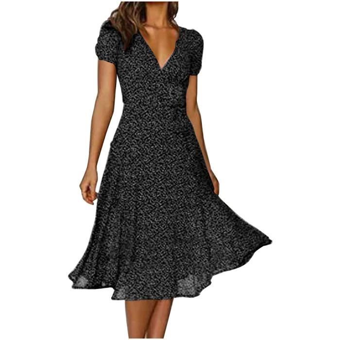 Robe Longue Femme d ete Imprime Floral Noir Manches Courtes Ceinture a Volants A Line Maxi Noir Cdiscount Pret a Porter