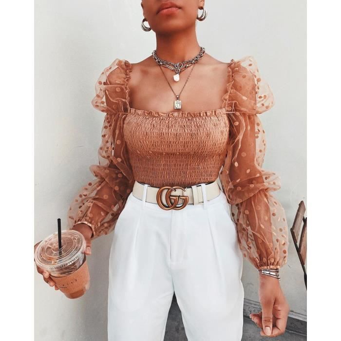 Chemise Chemisier transparent en mousseline de soie pour femme haut transparent a manches longues organza a la mode Marron F848 Blanc Cdiscount Pret a Porter