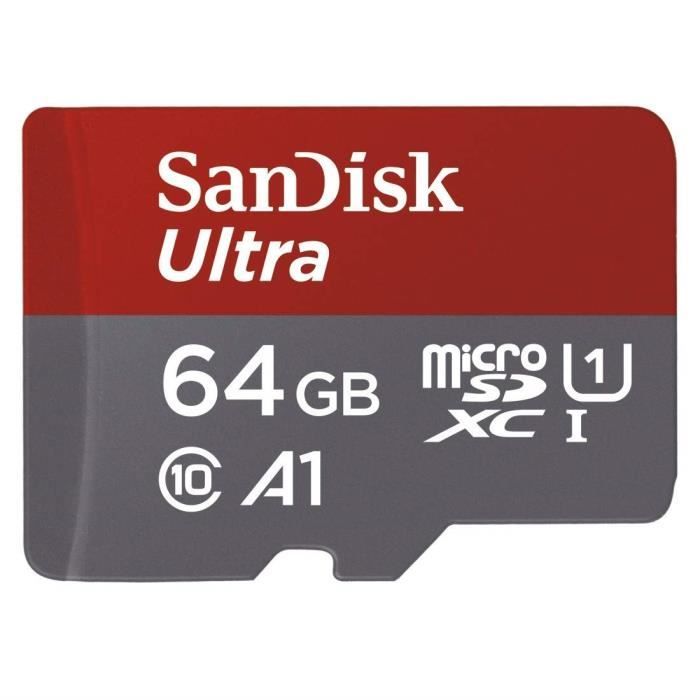Carte Mémoire microSDXC SanDisk Ultra 64GB + Adaptateur SD. Vitesse de Lecture Allant jusqu'à 100MB/S, Classe 10, U1, homologuée A1