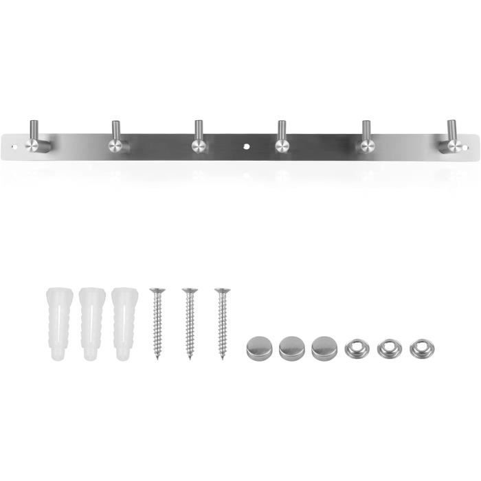 Patère Murale Avec 6 Crochets - Blanc - Acier Inoxydable - Fixation Vis Ou Autocollant - Pour Salle De Bain, Entrée