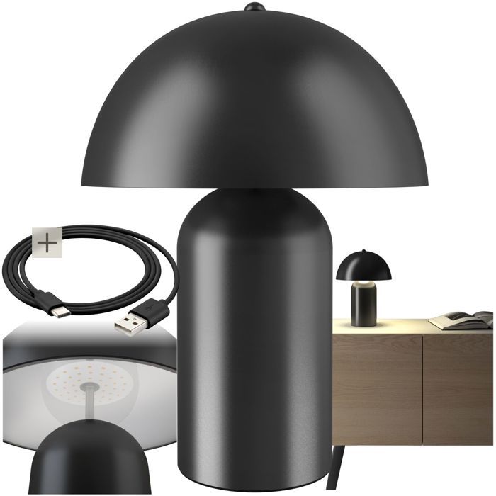 Luminaire - TECTAKE - Lampe rétro KADE en acier au design champignon années 70 lumière indirecte 5 W Ø 25 x 34 cm - Noir