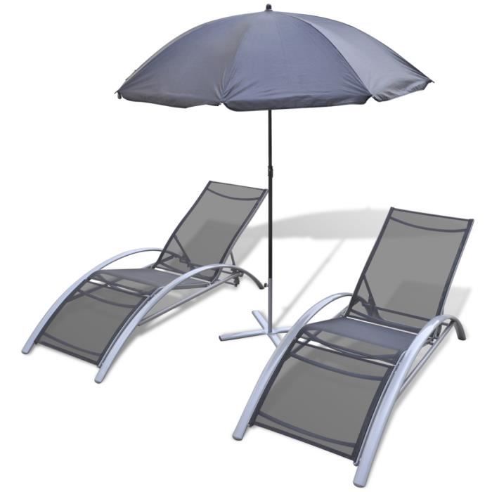 Set de 2 chaises longues et parasol - Noir - 156 x 60 x 89 cm