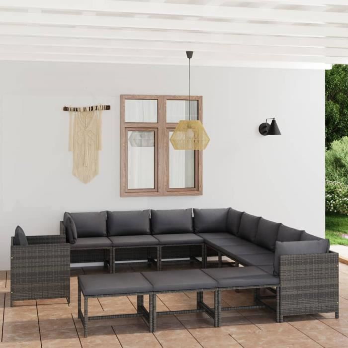 vidaXL Salon de jardin 12 pcs avec coussins Résine tressée Gris